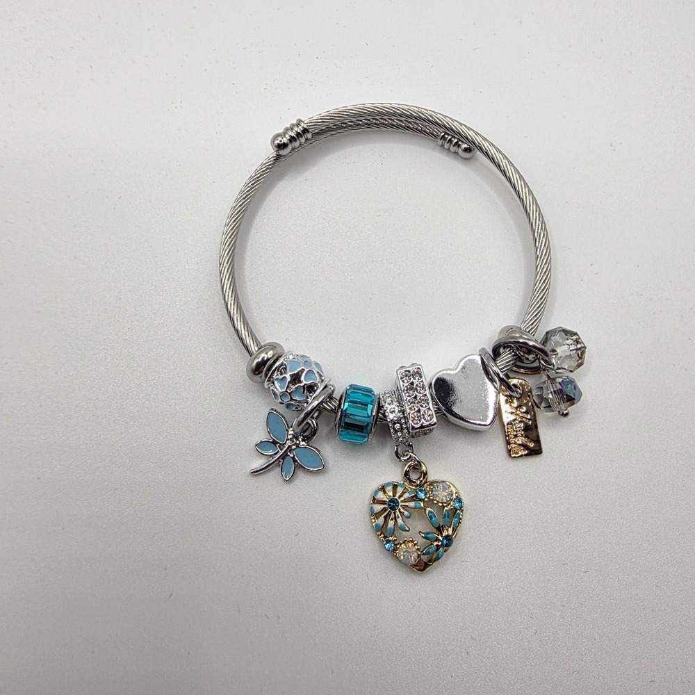 Silver Cable Wire Bangle Bracelet Blue Dragonfly Heart Faith‎ Charms Adjustable